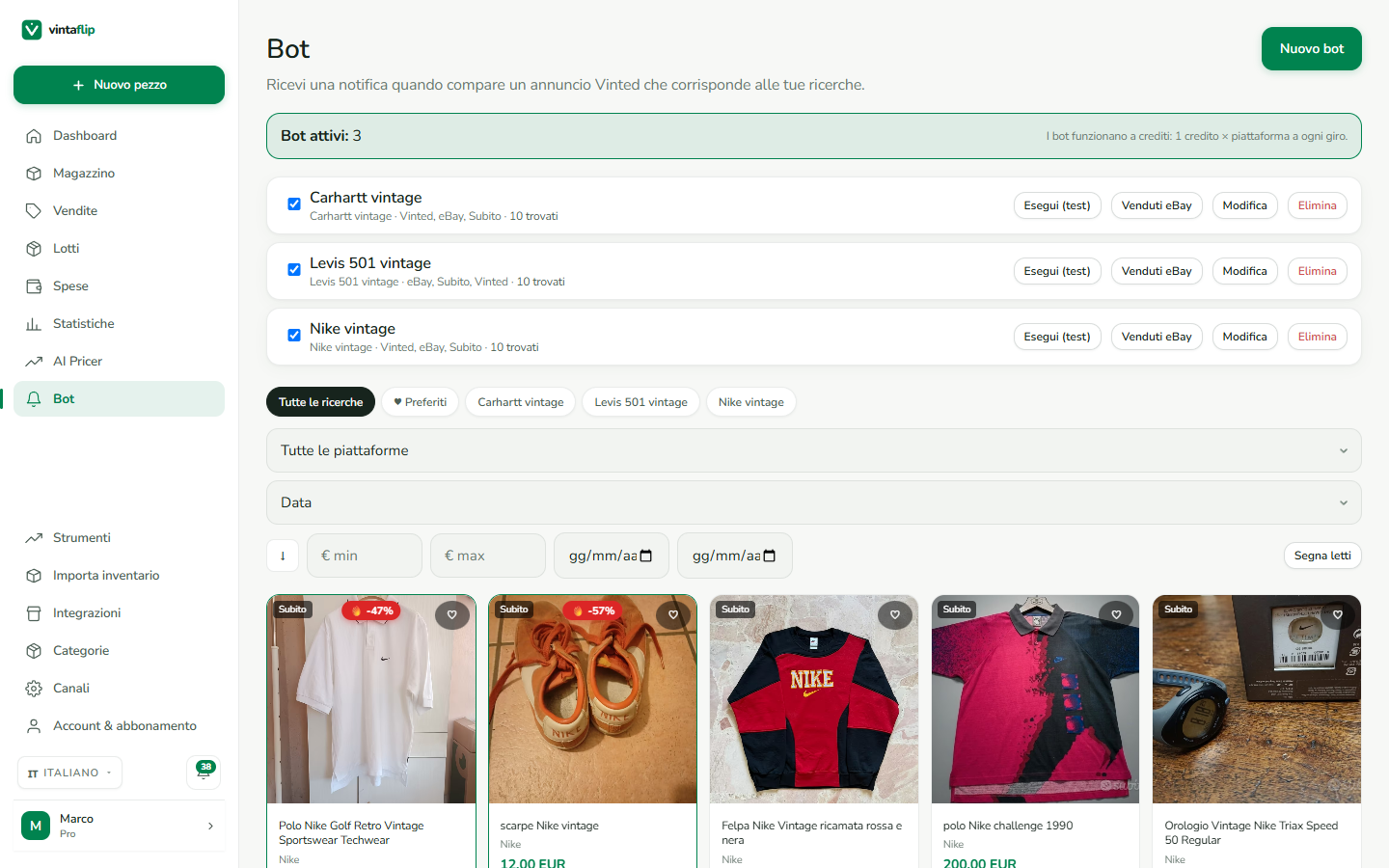 Bot Vintaflip — feed dei match