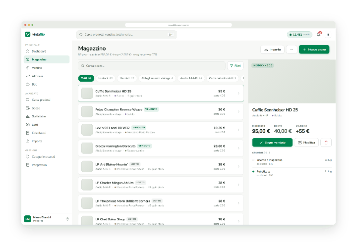Magazzino Vintaflip: 82 pezzi in stock per 852 € di capitale, con costo e margine su ogni riga