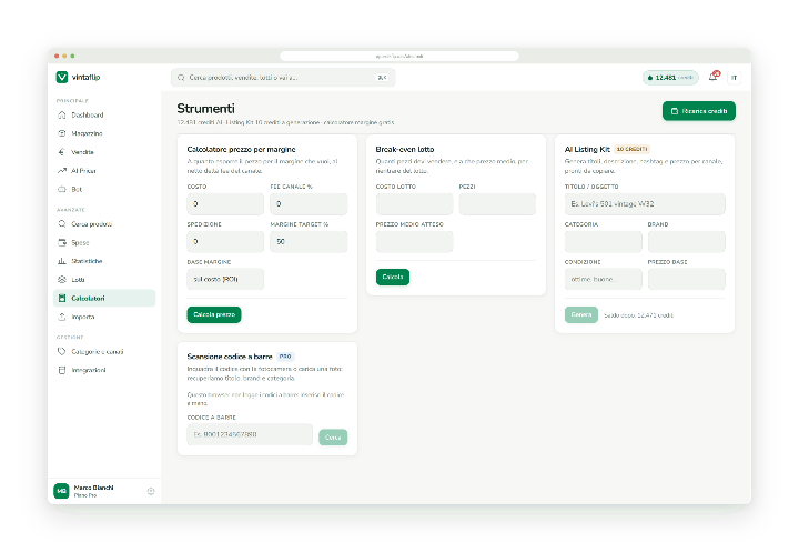 Strumenti: calcolatore del prezzo per margine, break-even del lotto e AI Listing Kit