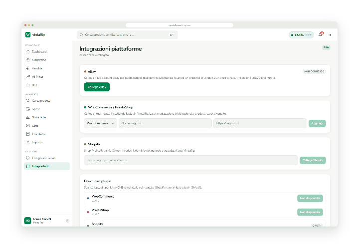 Integrazioni: eBay collegato e il plugin per il proprio sito WooCommerce o Shopify