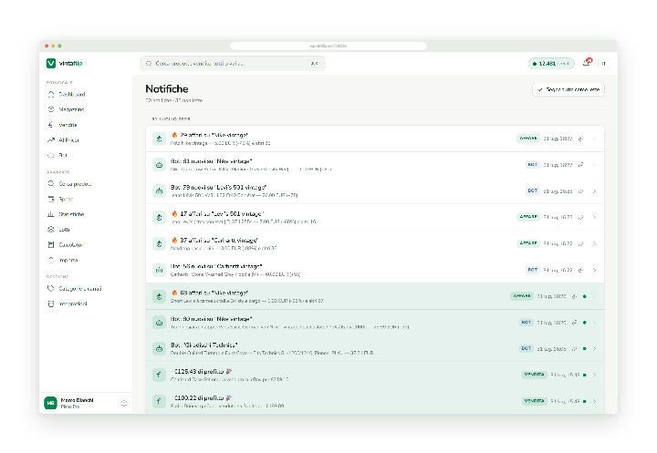 Centro notifiche con gli avvisi dei bot e le novità di prodotto